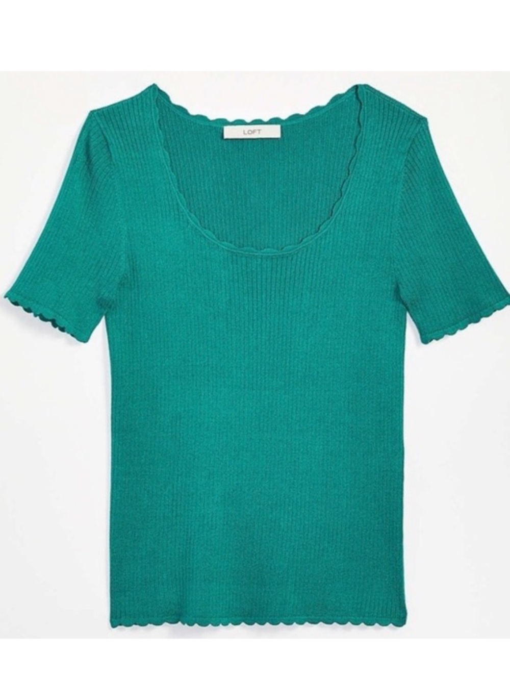 Loft Green Teal Ribbed Scoop Neck Scalloped Top